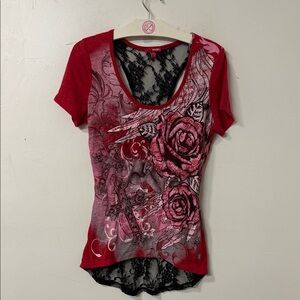 BONGO Red and Black Graphic Lace Tee y2k